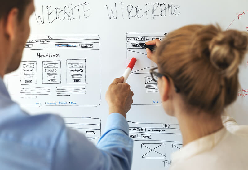 Two employees creating whiteboard wireframes
