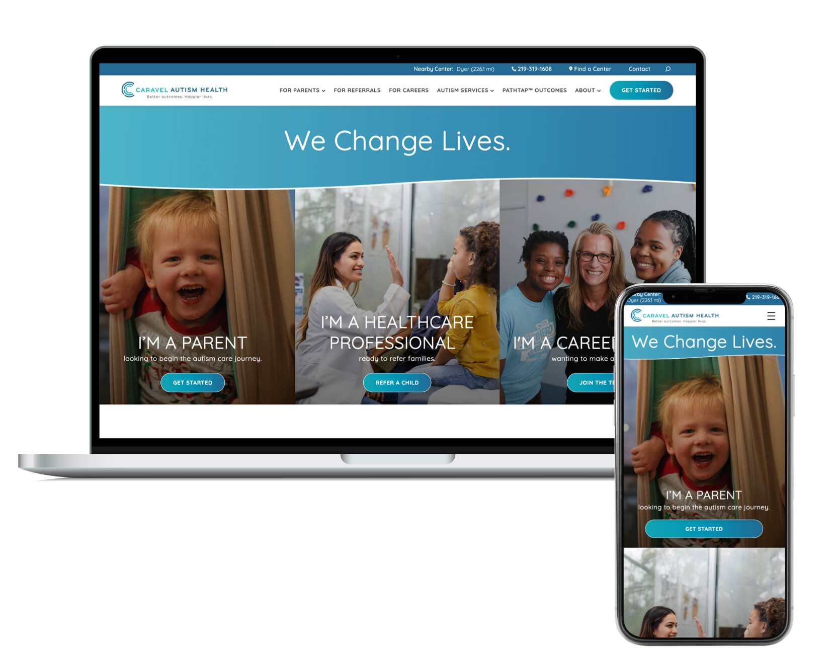 Website displayed on laptop and smartphone for autism care support services.