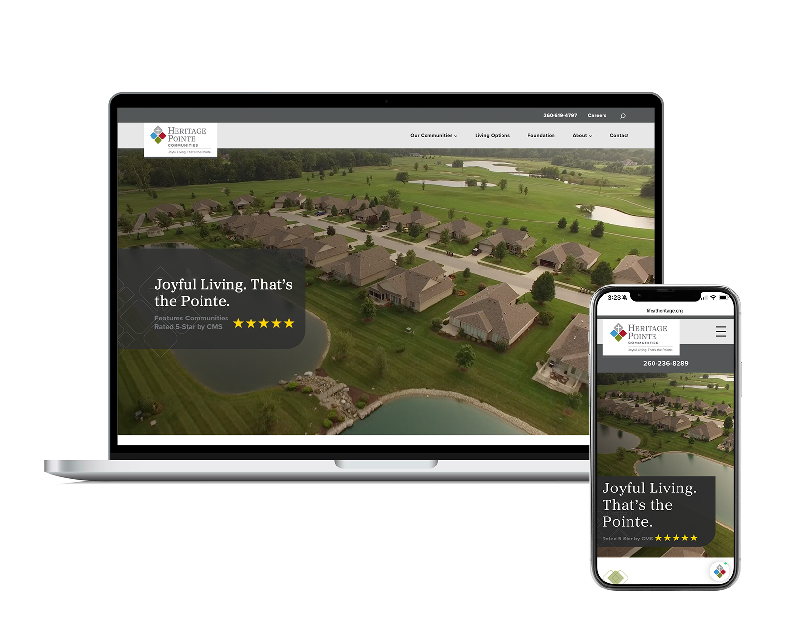 Heritage Pointe corporate website mocked up on laptop and mobile phone