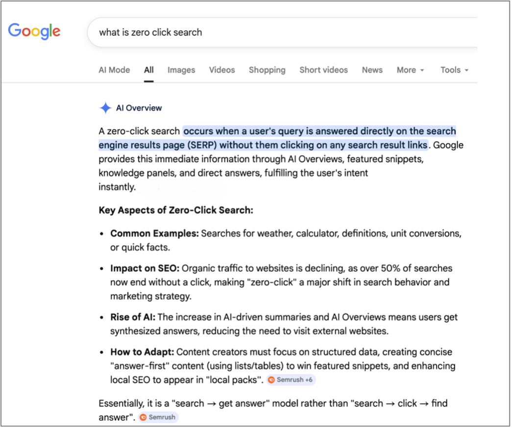 What is zero click search google search results page