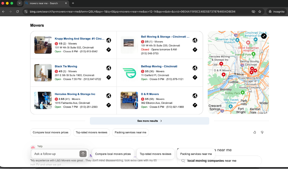 Bing search results for “movers near me”